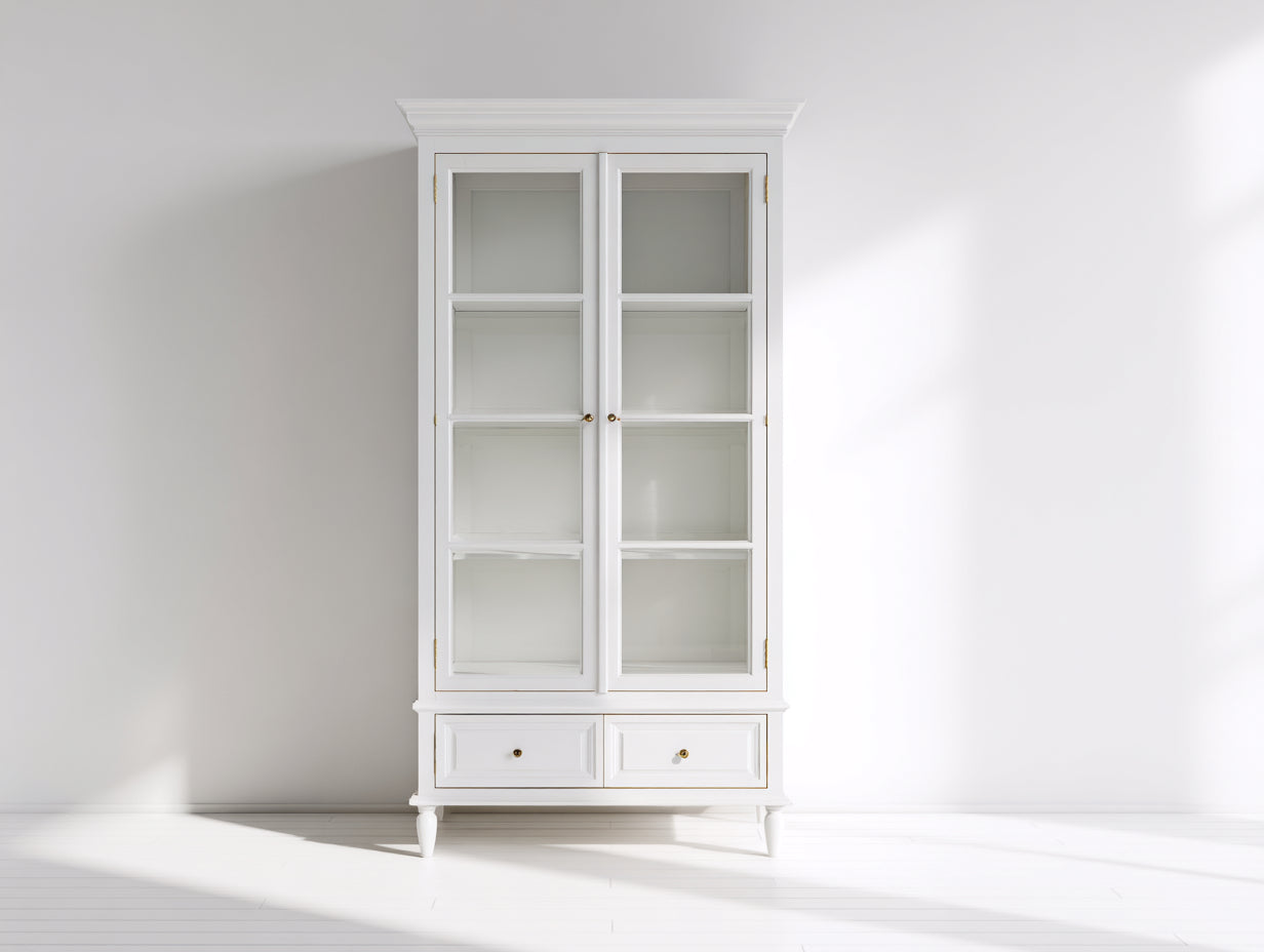 Vetrina-Legno-Vetro-Metallo-88x40x180 cm-Bianco-Oro-Stile classico