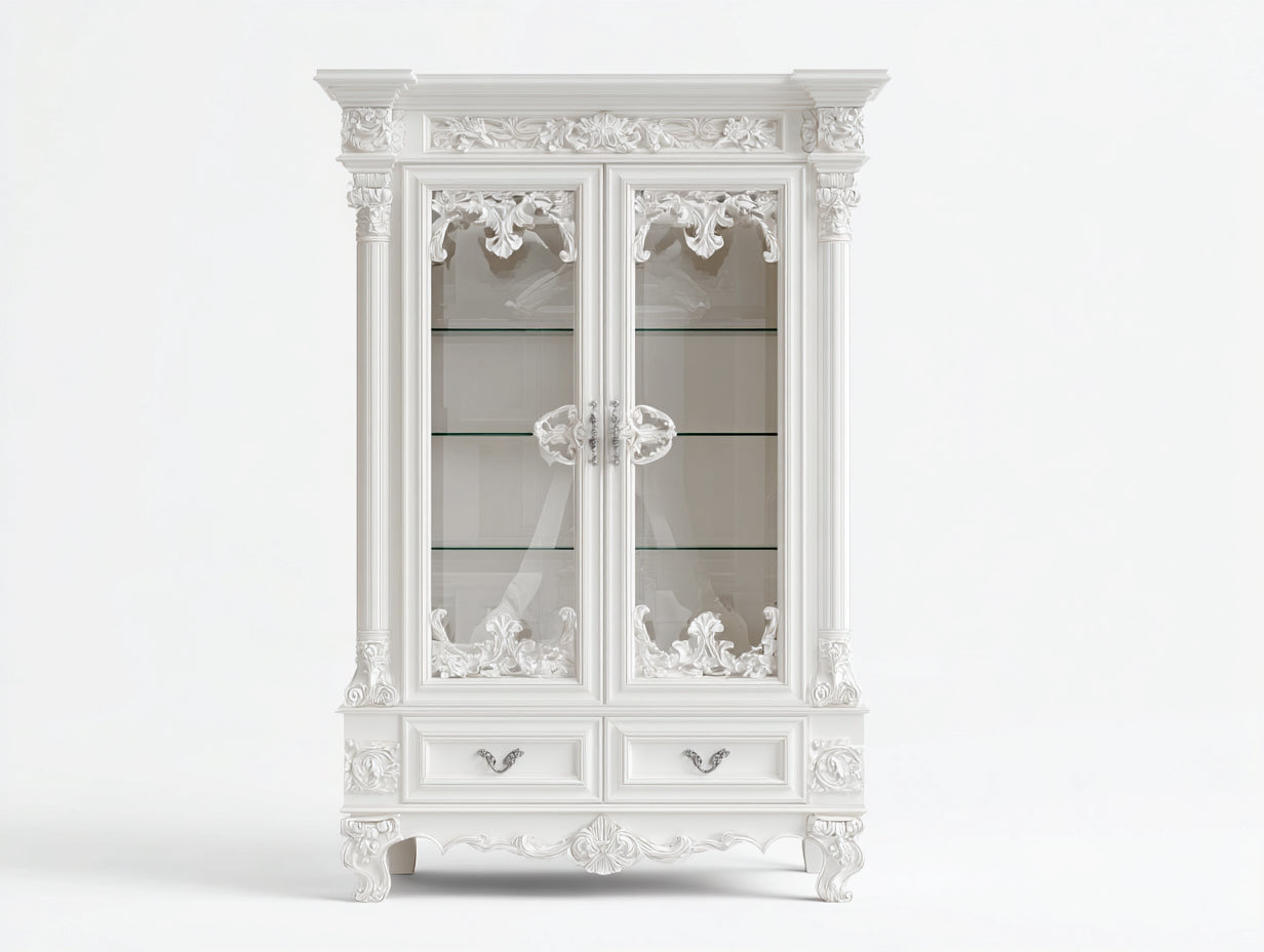 Vetrina-Legno-Vetro-115x45x205 cm-Bianco-Stile barocco