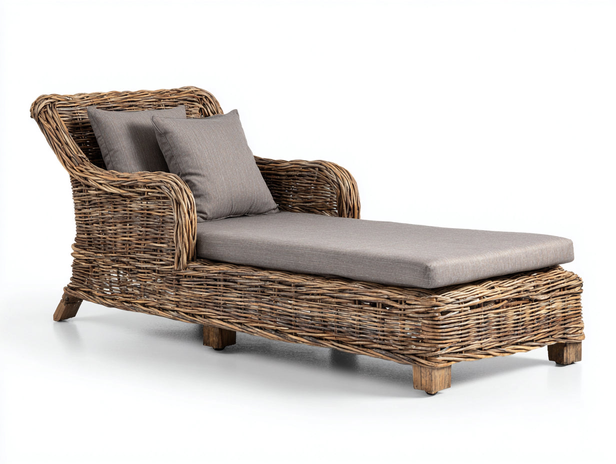 Lettino prendisole - rattan-legno-tessuto - 186x77x82 cm - Grigio-Marrone - stile naturale