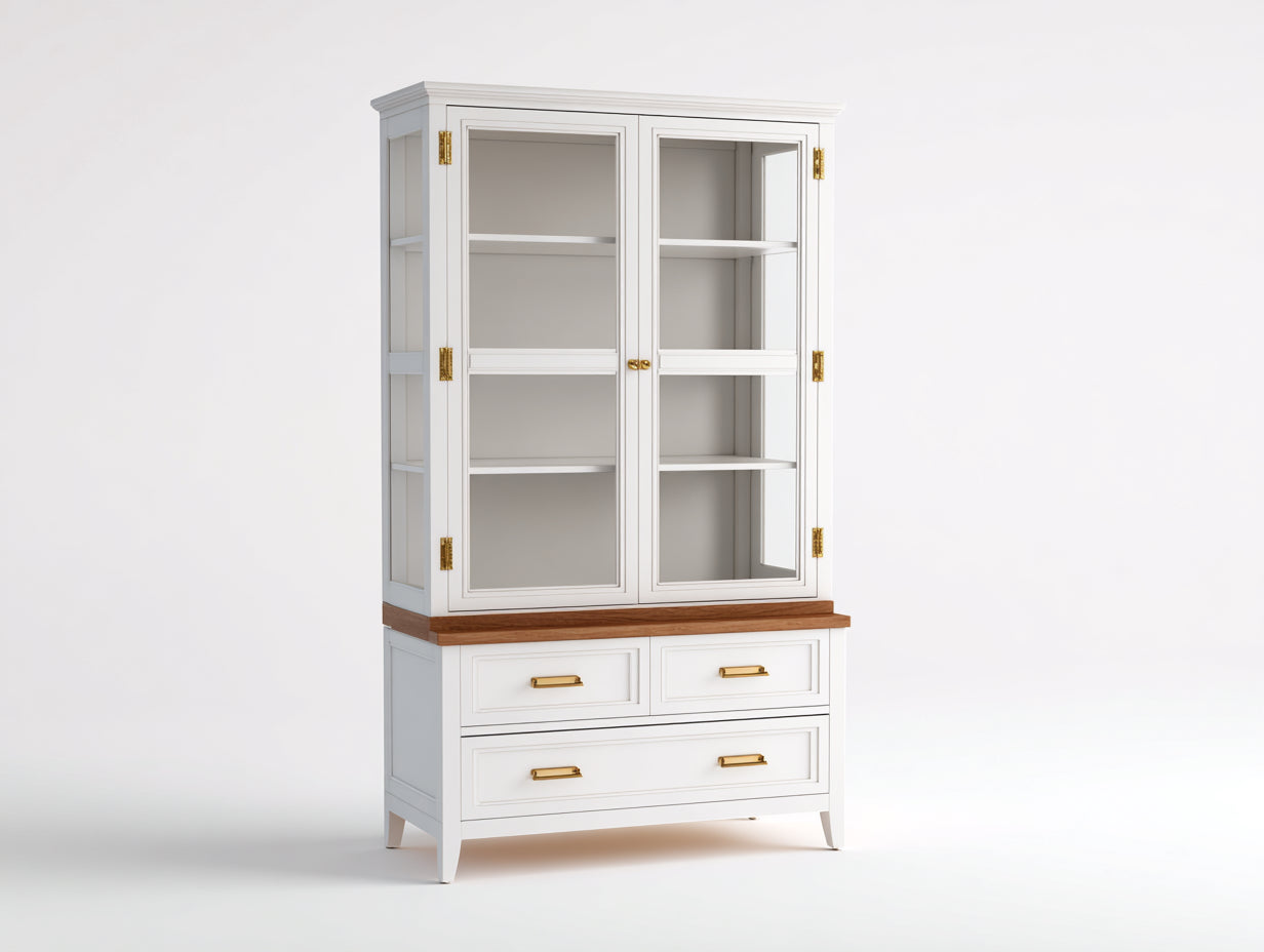 Vetrina-Legno-Vetro-Metallo-100x43x185 cm-Bianco-Naturale-Oro-Stile classico