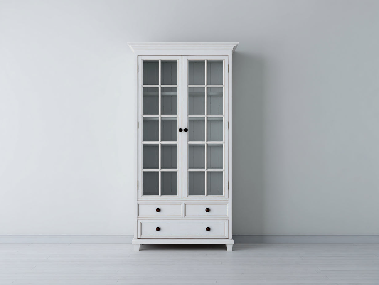 Vetrina-Legno-Vetro-95x42x190 cm-Bianco-Grigio-Stile classico