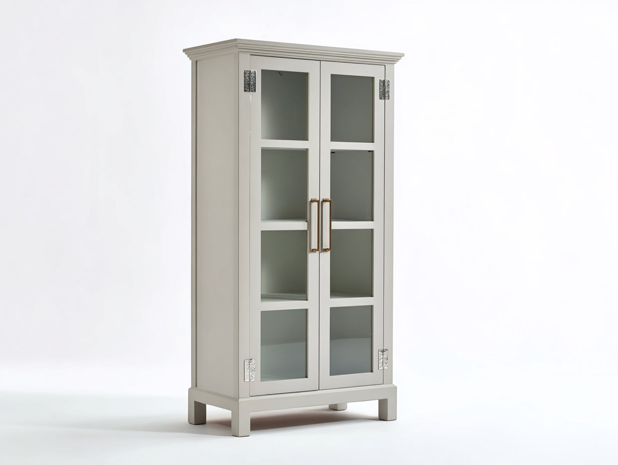 Vetrina-Legno-Vetro-Metallo-78x40x178 cm-Grigio chiaro-Stile classico