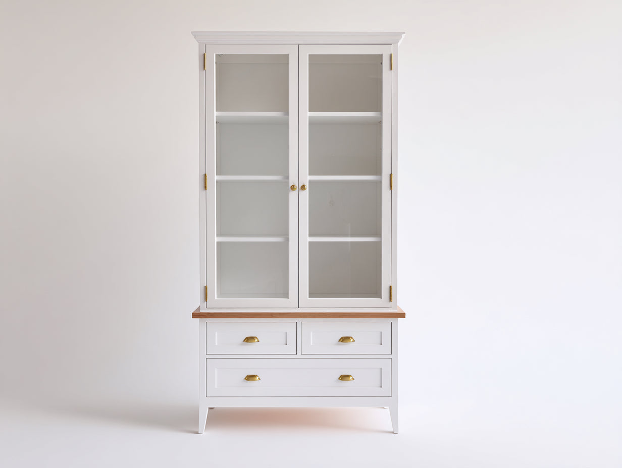 Vetrina-Legno-Vetro-Metallo-98x42x182 cm-Bianco-Naturale-Oro-Stile classico